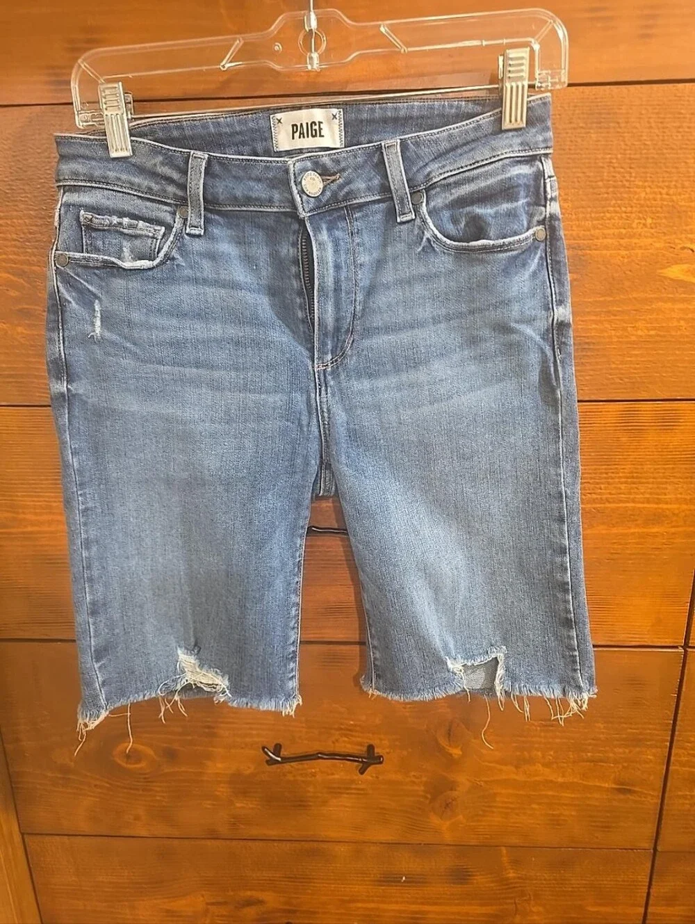 PAIGE Denim Bermuda Shorts Size 27 Distressed Raw Hem Medium Wash